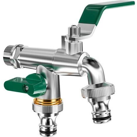 Double robinet de jardin en laiton rouillé avec entrée 1/2" et sortie 3/4", double robinet avec double raccord et embout de tuyau, résistant au gel, pour extérieur et jardin (1/5)