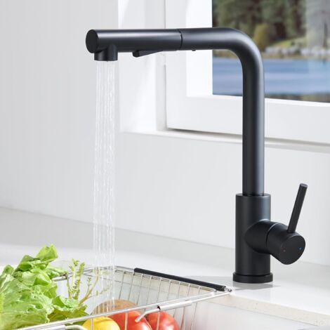 Robinet Cuisine Noir, Mitigeur Cuisine avec Douchette Extractible 2 Modes de Réglage, Robinetterie Evier Escamotable Pivotant à 360° en Acier Inoxydable 304, Froid & Chaud Disponible