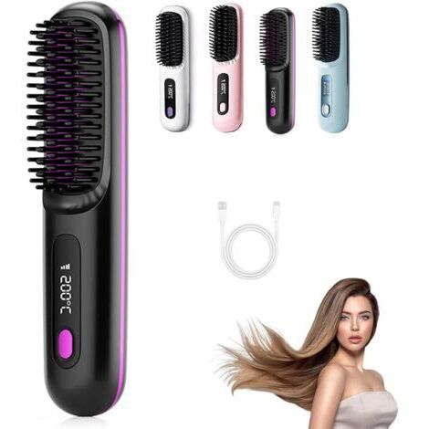 Brosse chauffante pour cheveux courts, Brosse à Lisser 3 Niveaux de Chauffage et écran LED et rechargeable via USB,Brosse lissante chauffante, légère et portable (Noir)