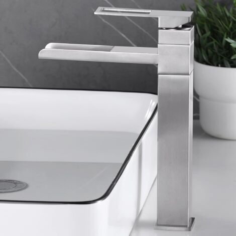 Robinet Lavabo Haut, Robinet Salle Bain Cascade, Mitigeur Lavabo Rotatif 360°, Mitigeur pour Vasque, Réglable Chaud et Froid, Brossé, 6M2OK-T