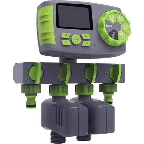 Ordinateur d'arrosage de jardin, minuterie automatique de tuyau d'arrosage à 4 zones avec contrôleur de système d'irrigation à 2 électrovannes, vert et gris (1/5)