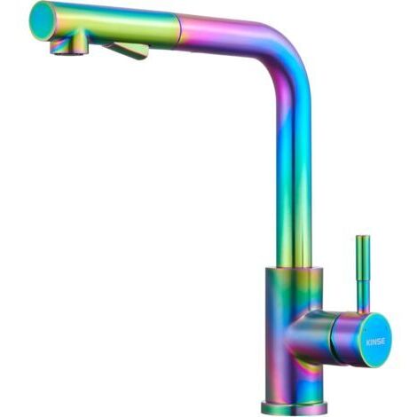 Robinet de cuisine avec tête de pulvérisation extractible, mitigeur de cuisine en acier inoxydable, levier unique, 2 types de jet, pivotant à 360°, multicolore