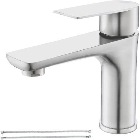 Robinet de salle de bain monotrou, acier inoxydable nickel brossé, robinet d'évier avec conduite d'alimentation (1/5)