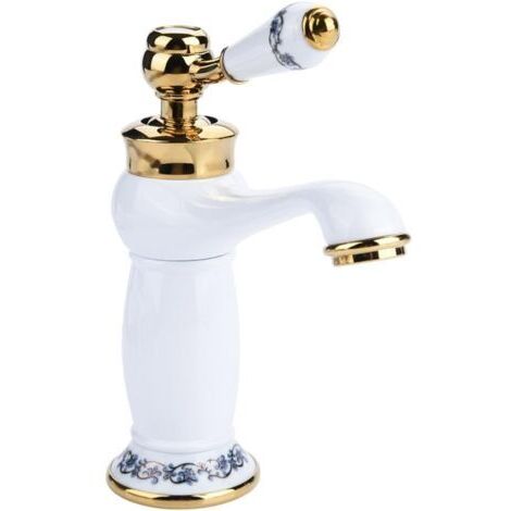 Robinet de salle de bain en laiton antique, en céramique, bleu et blanc, en porcelaine, style floral vintage, mitigeur à poignée unique, eau froide et chaude, robinet en bronze (Branco) (1/5)