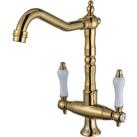 Robinet de cuisine doré vintage pivotant à 360 ° - Mitigeur d'évier à deux poignées - Mitigeur d'évier de cuisine haute pression - Bec haut en laiton (1/5)