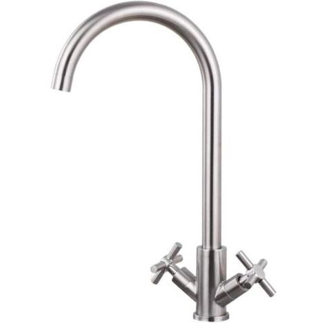 Robinets d'évier de Cuisine en Acier Inoxydable brossé, Double poignée pouvant être tournée à 360 °,Robinet d'eau Chaude et Froide, sans Plomb et sans（ Tuyaux Non Incluse） (1/4)