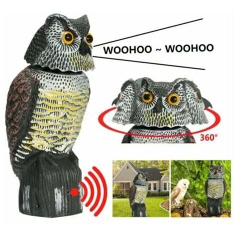 Épouvantail réaliste avec tête rotative, sons, motif hibou, appât anti-insectes, idéal pour les jardins et les terrasses. (1/4)
