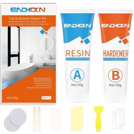 Kit Réparation Baignoire Acrylique Blanc, Email Porcelaine Kit de Réparation Baignoire Lavabo Carrelage Receveur de Douche Resine Réparation des Fissures Perforations Éraflures (100g)