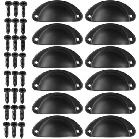 12Pcs Poignée Coquille Rétro Poignee de Meuble Vintage Bouton Tiroir Poignée avec Vis pour armoire de porte de placard de cuisine (Noir) (1/4)