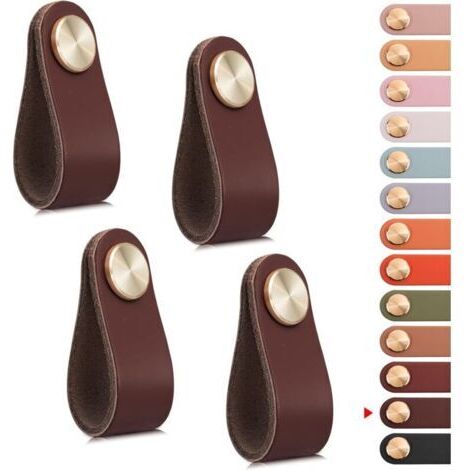4pcs Poignée Meuble Cuir, Bouton Porte Placard Poignee Cuir Bouton de Tiroir, Poignee de Meuble Vintage pour Armoires, Commode, Cuisine, Salle de Bain (Brun Foncé, Monotrou) (1/4)