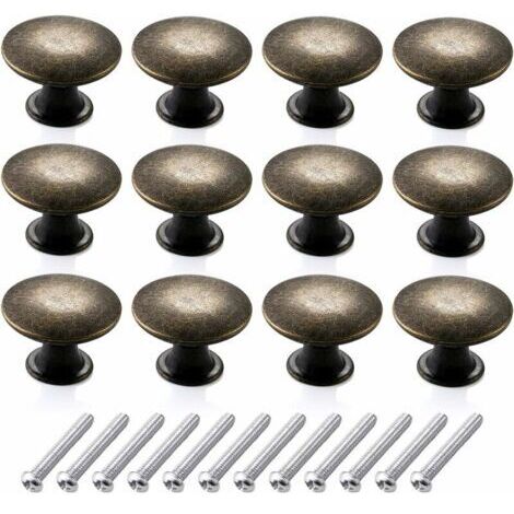 Lot de 12 boutons de commode ronds vintage, boutons de meubles rétro en laiton antique, poignées de tiroir de cuisine (30 mm, bronze) (1/5)