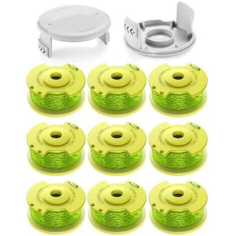 11 bobines de fil 2.0mm pour coupe-bordures Ryobi One+ 18V/24V/40V. Longueur 3.4m, compatible AC14RL3A. Inclut 9 bobines, 2 couvercles. (1/4)