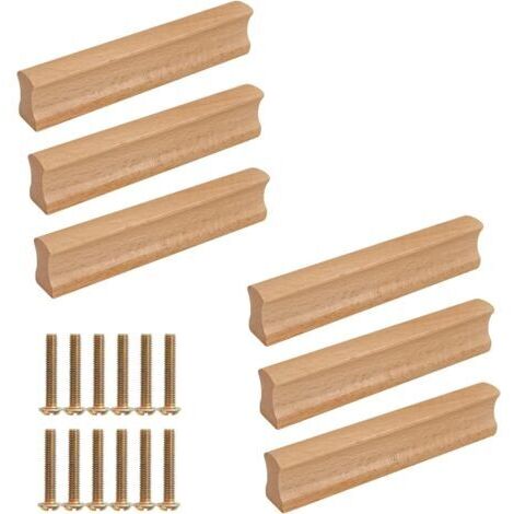 Lot de 6 poignées de meubles en bois 160 mm, poignées de porte de cuisine en bois avec vis, pour armoires, salles de bains, bureaux, cuisines, meubles, etc. (160 mm) (1/5)