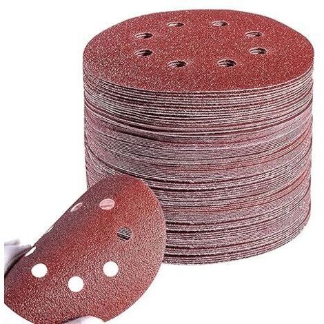Ensemble de disques de ponçage 125 mm, 100 feuilles, papier de verre rond 8 trous, grain 20x P40/P60/P80/P120/P240, pour ponceuses orbitales, pour peinture sur bois et métal. (1/5)