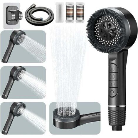 Pommeau de Douche Haute Pression, Pommeau Douche Economie Deau 4 Types de Jets Pommeau de Douche Anti Calcaire avec Tuyau Douche 1.5M et Support de Douche, avec Bouton D'arrêt D'eau, Gris (1/4)