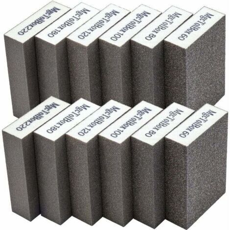 Lot de 12 éponges et blocs de ponçage , grains 60/80/100/120/180/220, lavables et réutilisables. Caractéristiques : (1/4)