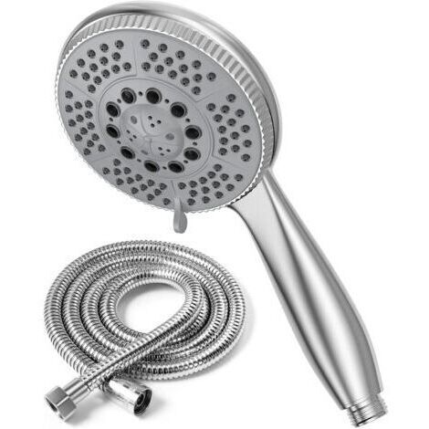 Pommeau de douche + 2 m flexible douche en acier tube, 5 fonctions jet de douche multifonction à haute pression, ABS chromé Pulvérisateur douche anti-calcaire pommeau avec buse Argenté (1/5)