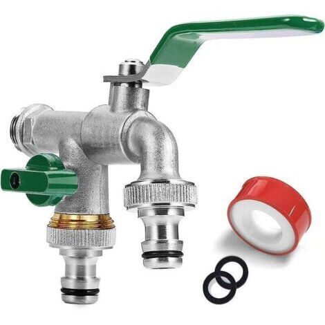 Robinet Double De Jardin,Robinet Avec 2 Sorties 3/4" - Entrée 1/2", 1 Bande D'étanchéité À Rouleau, Double Raccord Et Embout De Tuyau Pour Jardin, Citerne De Pluie, Machine À Laver (Vert) (1/4)