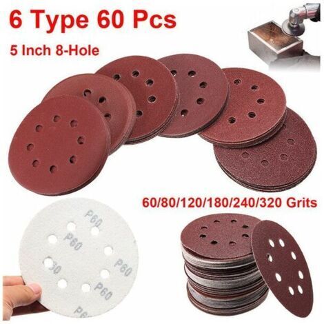 60Pcs Papier de Verre Poncage Polissage Disque Pad 125mm 8 Trou Grit 60-320 Cisea (1/4)