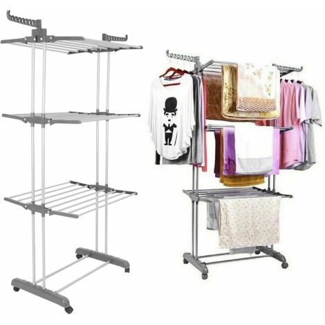 Étendoir à Linge, Séchoir à Linge pour Intérieur et Extérieur, Grande Capacité, Montage Facile, 4 Niveaux Pliable en Acier Inoxydable avec roulettes et Ailes Latérales (1/5)