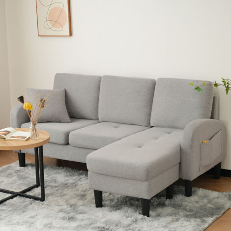 Ecksofa 3-Sitzer 166x118 cm - Atmungsaktiver Baumwoll-Leinenstoff - Modulare Ottomane - Plastikfüße - Für Wohnzimmer Büro Wohnung - Grau