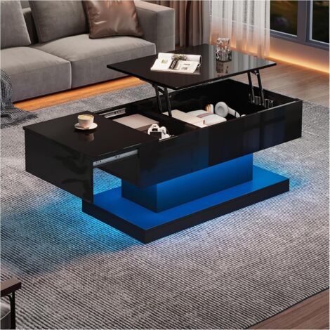 Höhenverstellbarer Beistelltisch mit LED 100 x 50 x 45cm, Wohnzimmertisch mit Stauraum, seitliches Schiebedeckendesign, Schwarz (1/5)