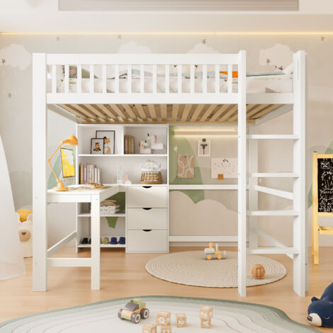 Hochbett 140 x 200 cm mit 3 Schubladen, Kinderbett mit Schreibtisch, Regalen und Sicherheitsgitter, großer Stauraum, Weiß