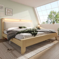 Doppeltes Bett 160x200 cm Eichenholz Hell - Cord-Velours Kopfteil Beige - Stauraum - LED-Integriert - Lattenrost Holz - Ohne Matratze