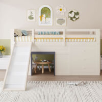 Hochbett Kinder 90x200 cm - Mit Rutsche - 3 Schubladen - 2 Türen - MDF-Kiefer Struktur - Creme - Ohne Lattenrost - Integrierter Stauraum - Weiß