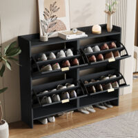 Schuhschrank 110x90x24 cm Schwarz mit 4 Klappfächern, Platzsparender Schuhkipper für den Flur, Moderner Schuhschrank aus robuster Faserplatte