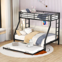Metall-Etagenbett 90x200+140x200 cm, mit Leiter auf beiden Seiten, 3-in-1 für Kinder und Jugendliche - Schwarz