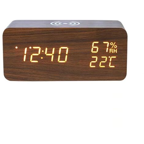 Réveil numérique en bois – Radio-réveil – Chargeur sans fil – Station météo