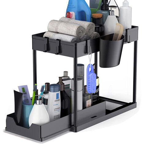 Organisateur sous évier, 2 niveaux, organisateur de cuisine, organisateur de salle de bain, noir