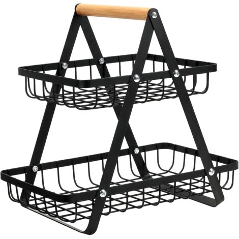 Corbeille à fruits de comptoir à deux niveaux avec étagère de rangement, noire (1/5)