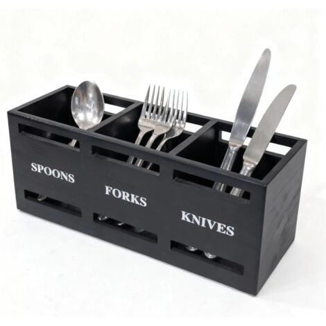 Boîte de rangement pour couverts en bois noir avec séparateurs, (1/5)