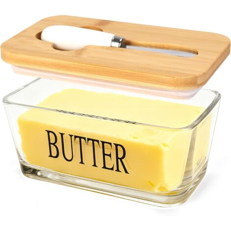 Beurrier avec couvercle en bambou, beurrier en verre hermétique avec couvercle et spatule, couleur d'origine