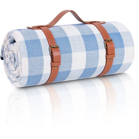 Couverture de pique-nique pliable à carreaux bleus et blancs, idéale pour une utilisation en extérieur — (1/5)