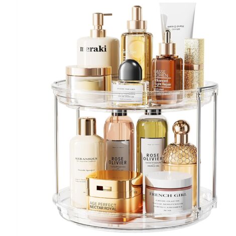 Boîte de rangement rotative pour maquillage avec une étagère transparente à double niveau. (1/5)