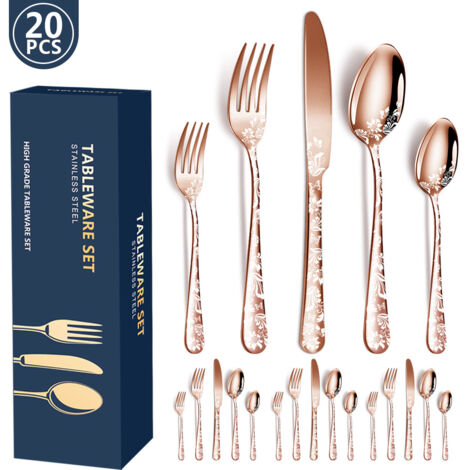 Ensemble de couverts 20 pièces en acier inoxydable, format pour 4 personnes, or rose