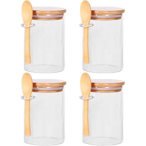 Ensemble de 4 bocaux en verre hermétiques pour la conservation des céréales et des fruits secs, avec couvercles et cuillères en bambou, modèle .