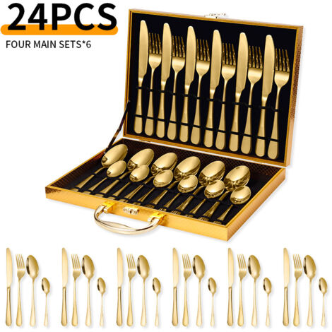 Service de 24 couverts en acier inoxydable – pour 6 personnes – avec coffret – acier inoxydable – doré