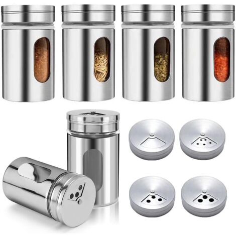 Ensemble de 6 pots à épices, 80 ml chacun, avec bouchon distributeur, salière en verre avec trou de versement réglable ().