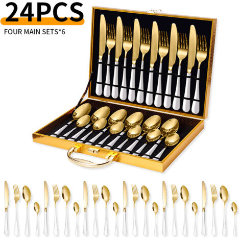 Service de 24 couverts en acier inoxydable – pour 6 personnes – avec coffret – acier inoxydable – or blanc