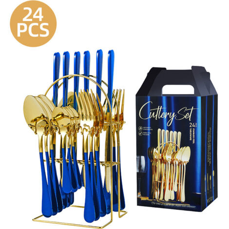 Ménagère 24 pièces en acier inoxydable avec support, finition miroir, pour 6 personnes, compatible lave-vaisselle, bleu et or