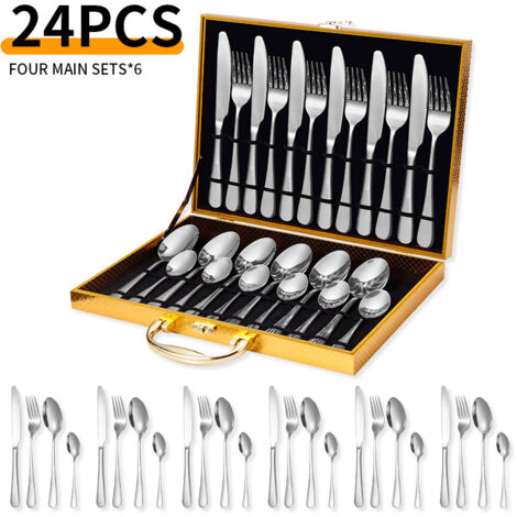 Service de 24 couverts en acier inoxydable – pour 6 personnes – avec coffret – acier inoxydable – argent