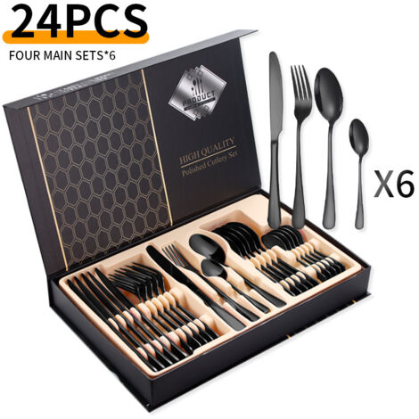 Ensemble de 24 couverts en acier inoxydable – service pour 6 personnes – acier inoxydable – noir