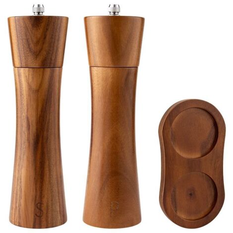 Ensemble de 2 moulins à sel et à poivre – Bois – Mouture réglable – Avec socle – Couleur bois naturel (1/4)