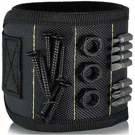 Bracelet magnétique pour outils, bracelet porte-outils avec 10 aimants puissants pour maintenir vis, clous, boulons, forets et fixations. Cadeau idéal pour les pères et les électriciens - Noir. (1/5)