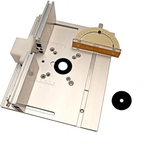 Plaque d'insertion en aluminium pour table de défonceuse, plaque de montage pour défonceuse pour établis de menuiserie avec guide d'onglet, butée et supports coulissants.