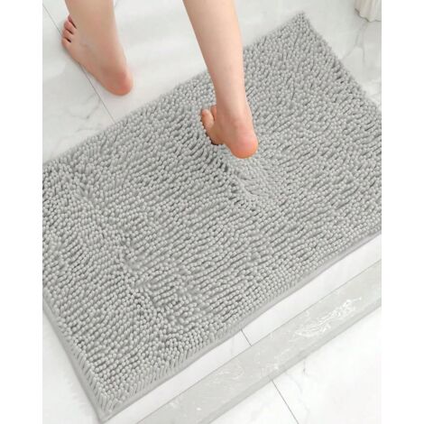 Tapis de bain en chenille, ultra doux et absorbant, avec envers antidérapant, coloris gris clair et camel, tapis de sol moderne pour salle de bain et douche, 38 x 58 cm, gris (1/5)